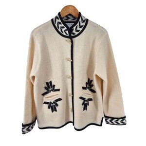 Vintage WondraWool Cream Wool Embroidered Toggle Cardigan Sweater‎ Size L